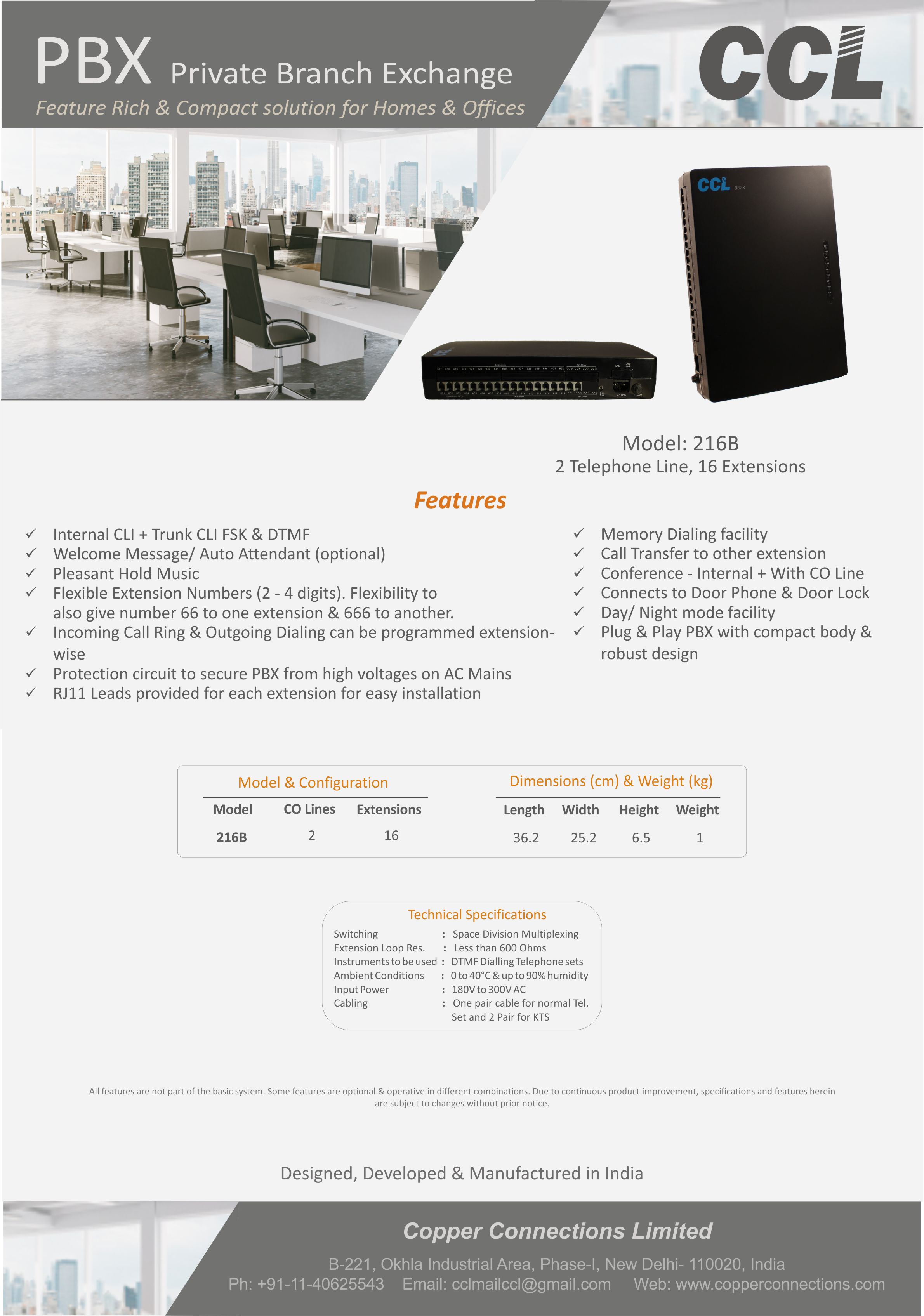 CCL 216B , CCL EPABX 216B Intercom System - 2 P&T Line-In and 16Extensions  