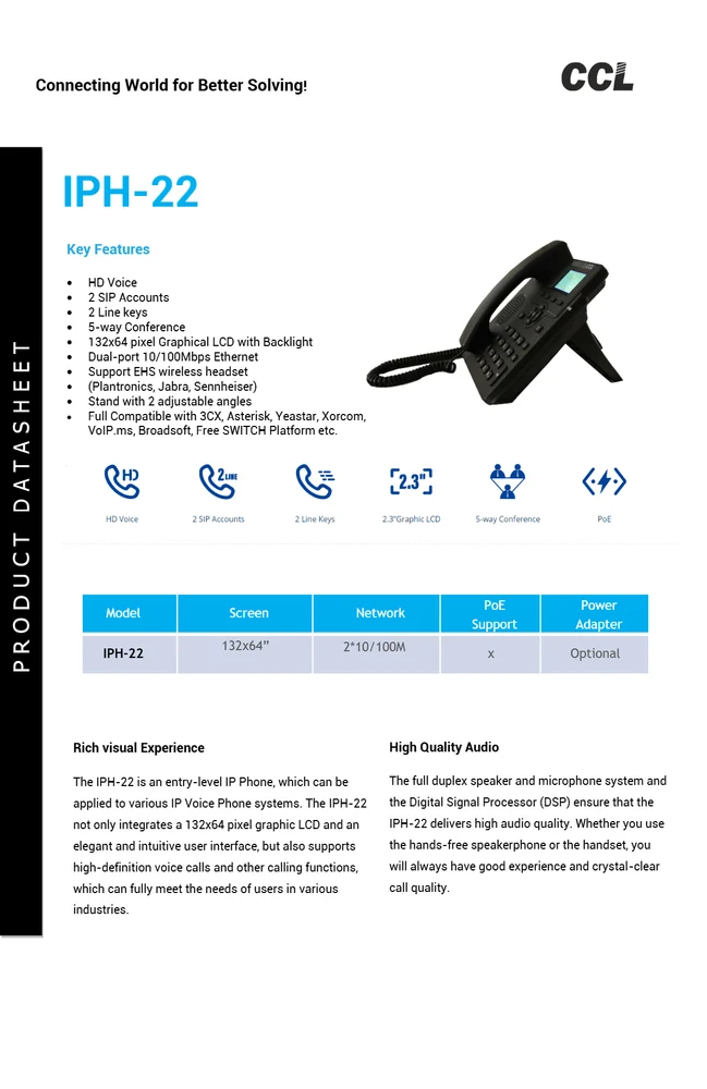 IP Phone model IPH-22with Adapter., IP Phone model IPH-22with Adapter, 2 SIP, 2 LAN Ports & Back Light Display.  