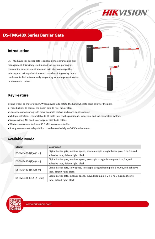 DS-TMG4B0-RA(4m) , DS-TMG4B0-RA(4m) , Boom Barrier, 4 meter right arm  